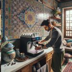 اینجا تصویری است که یک مرد ایرانی مدرن را نشان می‌دهد که از یک ماشین اسپرسو خانگی در یک آشپزخانه راحت ایرانی استفاده می‌کند و عناصر سنتی و معاصر را ترکیب می‌کند. (این تصویر واقعی نیست و توسط هوش مصنوعی تولید شده)