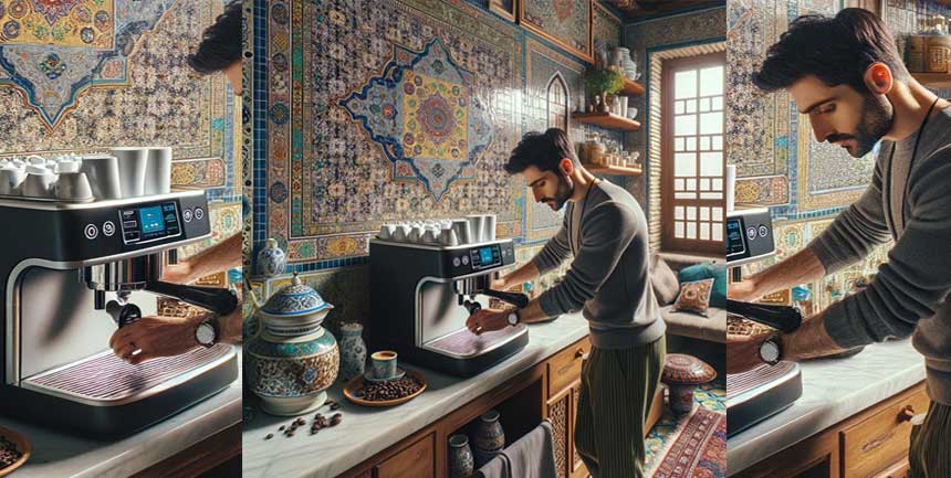 اینجا تصویری است که یک مرد ایرانی مدرن را نشان می‌دهد که از یک ماشین اسپرسو خانگی در یک آشپزخانه راحت ایرانی استفاده می‌کند و عناصر سنتی و معاصر را ترکیب می‌کند. (این تصویر واقعی نیست و توسط هوش مصنوعی تولید شده)