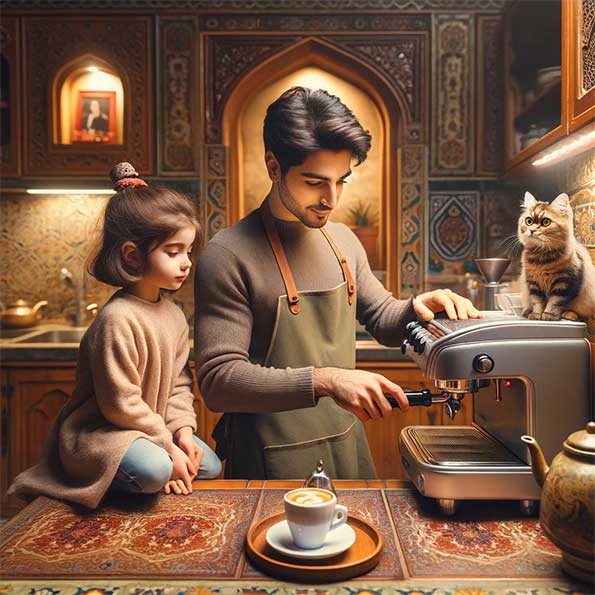 این تصویر لحظه‌ای دلپذیر در یک آشپزخانه ایرانی که یک مرد جوان، دختر خردسالش و گربه خانگی‌شان در حال تهیه اسپرسو هستند، را ثبت کرده است. (این تصویر واقعی نیست و توسط هوش مصنوعی تولید شده)